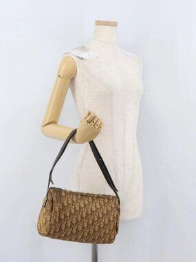 Christian Dior Trotter Canvas Shoulder Bag Brown Gold